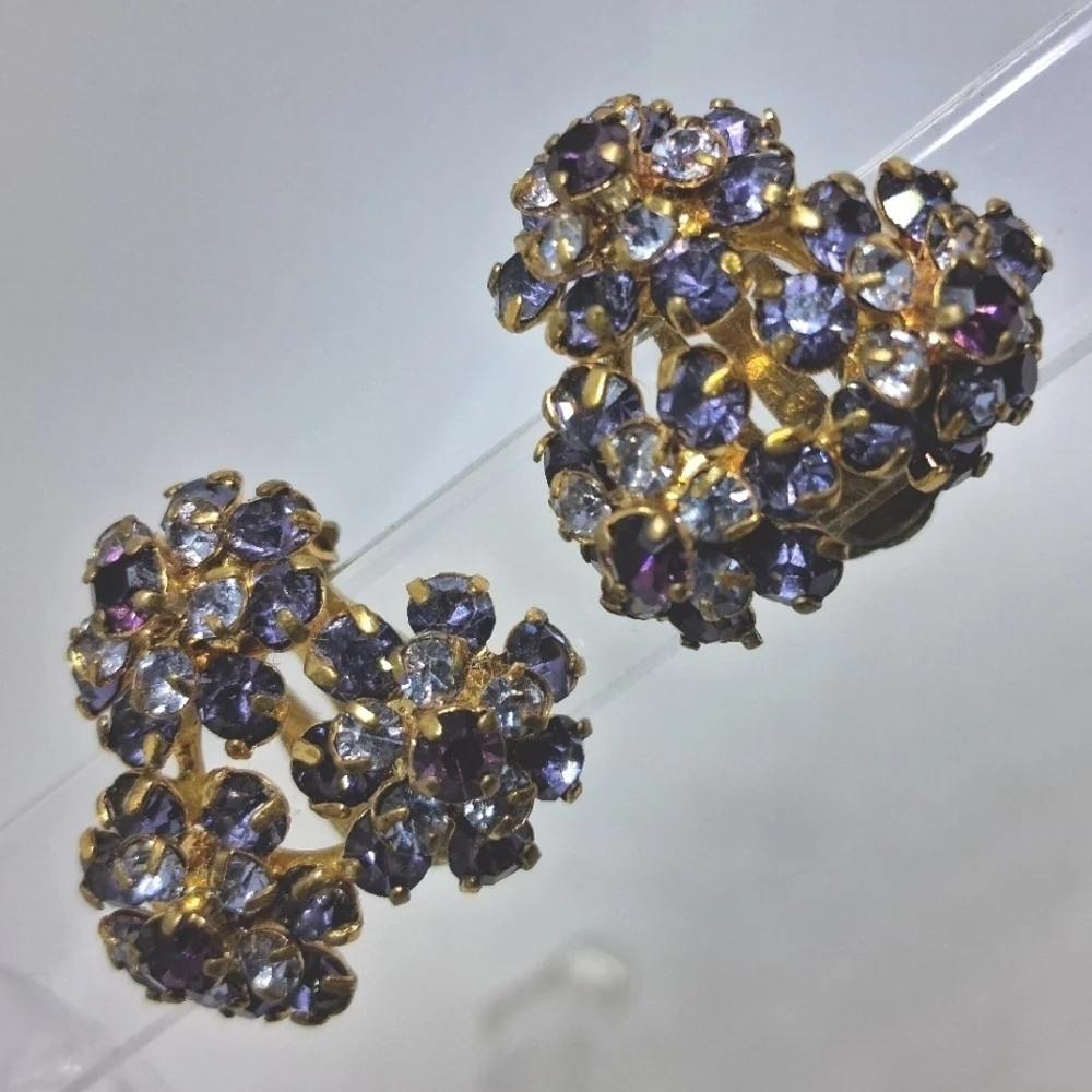 * Vintage Purple Austrian Crystal Flower Cluster Clip On Earrings
